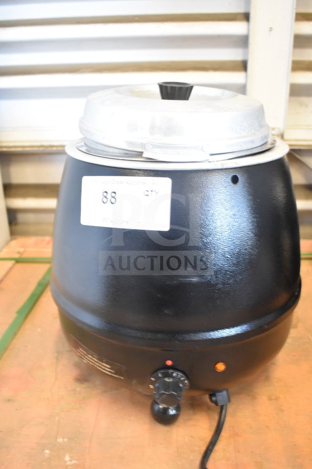 ELSW-100K Countertop Soup Kettle Food Warmer, 120 Volts, black exterior, visible control dial, auction label.