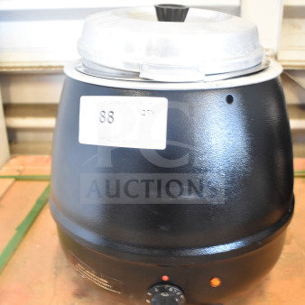 ELSW-100K Countertop Soup Kettle Food Warmer, 120 Volts, black exterior, visible control dial, auction label.