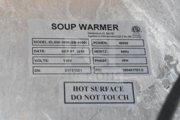ELSW-100K Countertop Soup Kettle Food Warmer, 120V, 1 Phase. Model tag shows 110V, 400W, made 09/01/2019.