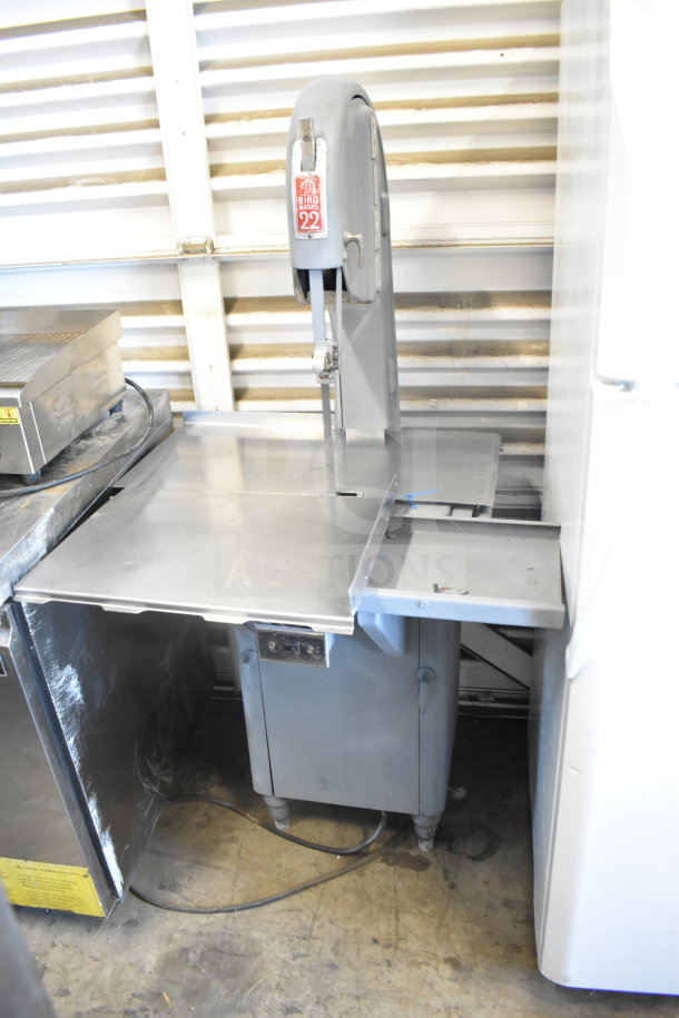 Biro 22 Commercial Floor Style Meat Saw, sturdy steel construction, large cutting table, visible model label, used condition.