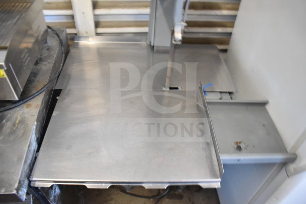 Biro 22 Commercial Meat Saw, floor style, stainless steel, sturdy construction, visible wear, model 22 tag present.