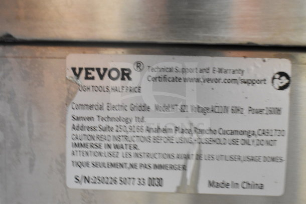 2025 Vevor HT-822 electric griddle, commercial countertop, 110V, 1 phase, Vevor label with warranty info visible. Made in China.