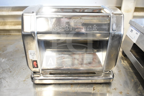 Imperia RMN Commercial Pasta Machine, stainless steel body, missing handle. 120V, 1 phase. Model RMN label visible.