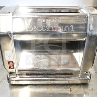 Imperia RMN Commercial Pasta Machine, stainless steel body, missing handle. 120V, 1 phase. Model RMN label visible.