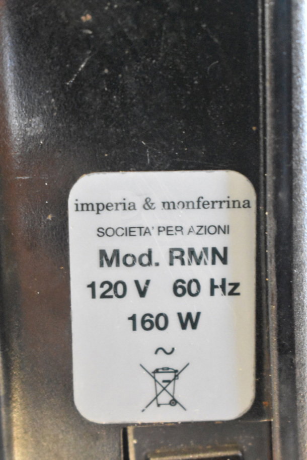 Imperia RMN Commercial Pasta Machine label, showing 120V, 60Hz, 160W specifications. Missing handle.