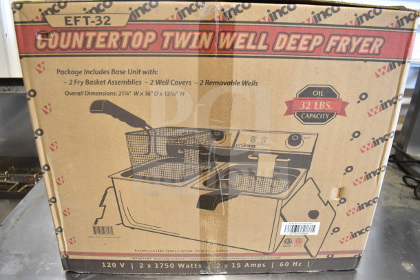 BRAND NEW Winco EFT-32 countertop fryer, 2 bays, electric, 2 lids, package includes fry basket assemblies, 32 lbs capacity.