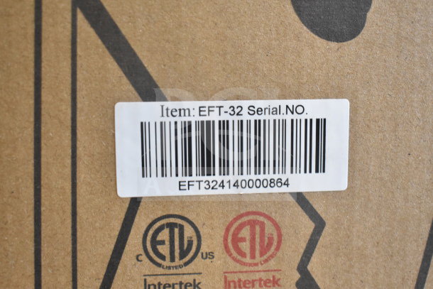 Barcode and certification marks on packaging for a new Winco EFT-32 electric countertop fryer with serial number EFT324140000864.