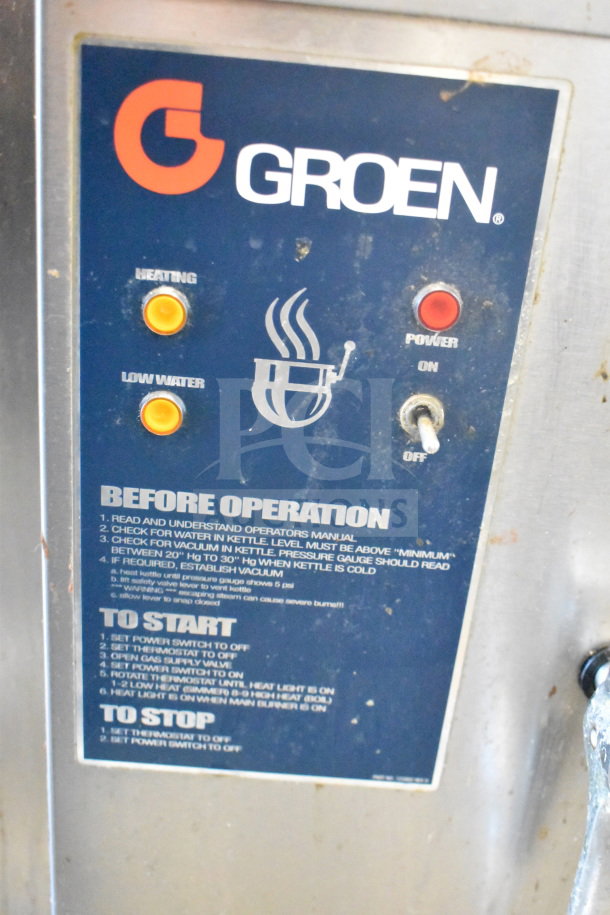 Groen T/1-40 40-gallon steam kettle, propane gas powered, 100,000 BTU. Control panel with operation instructions visible.
