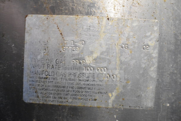 Groen T/1-40 steam kettle, 40-gallon, propane, 100,000 BTU, model plate showing specifications and serial number, used condition.