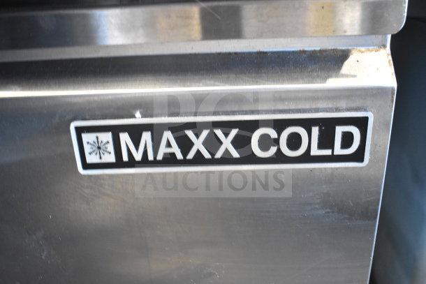Maxx Cold MXSF60UHC commercial 2-door undercounter freezer, stainless steel, 115 volts, 1 phase. Visible logo plate.