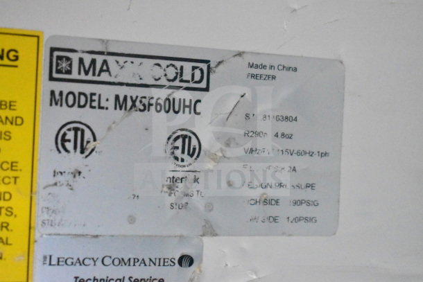 Label on Maxx Cold MXSF60UHC freezer shows model, 115V, 1-phase, made in China, with ETL certification.