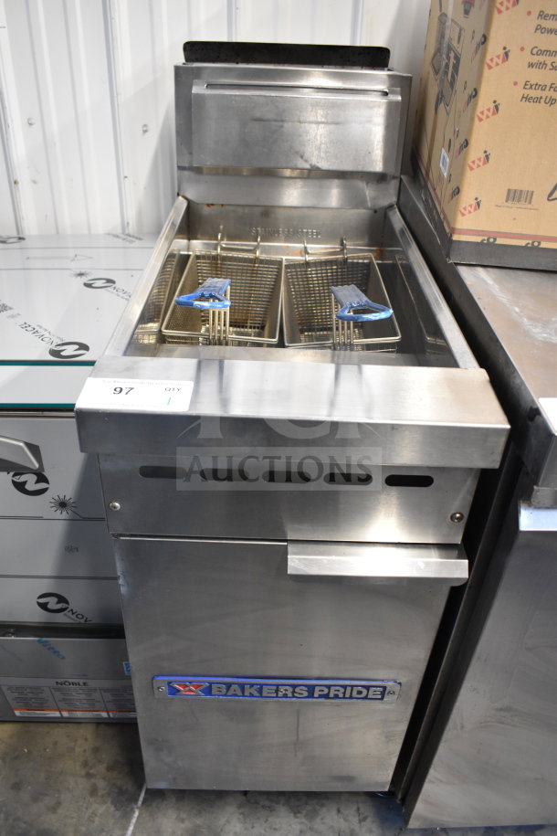 Bakers Pride commercial deep fat fryer with 2 metal fry baskets, stainless steel, floor style, used condition.