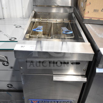 Bakers Pride commercial deep fat fryer with 2 metal fry baskets, stainless steel, floor style, used condition.