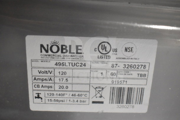 New Noble 495LTUC24 undercounter dishwasher, 120V, 1 Phase, scratch and dent, model details label shown.