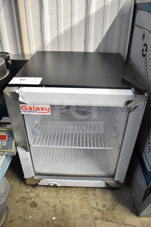 Brand new Galaxy 177CRG2B mini cooler merchandiser, scratch and dent, 110-120V, 1 Phase, with visible Galaxy label.