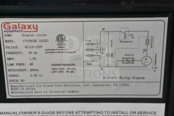 Brand new Galaxy 177CRG2B Mini Cooler Merchandiser label. Features include 110-120 Volts, 1 Phase, R600A refrigerant. Made in China.