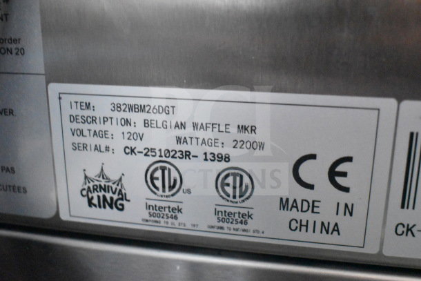 Carnival King 382WBM26DGT Belgian Waffle Maker label; 120V, 2200W, serial CK-251023R-1398, ETL certified, Made in China.
