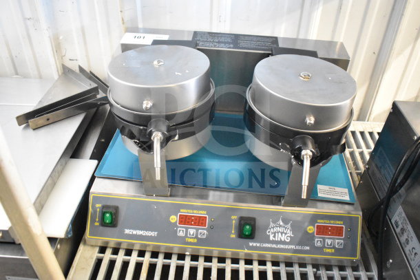 Brand new Carnival King 382WBM26DGT double Belgian waffle maker, non-stick, with digital timer and temperature controls.