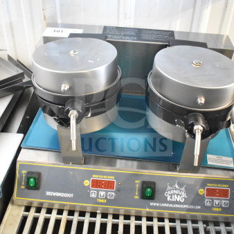 Brand new Carnival King 382WBM26DGT double Belgian waffle maker, non-stick, with digital timer and temperature controls.