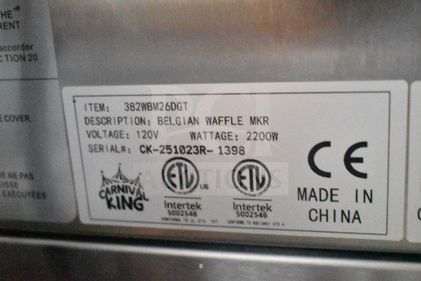 BRAND NEW 2025 Carnival King 382WBM26DGT Double Belgian Waffle Maker, digital timer, temp controls, 120V, 1 Phase.