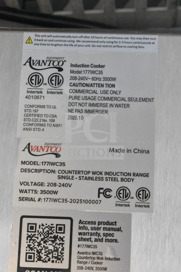 Avantco 177IWC35 Countertop Wok Induction Range label; 208-240V, 3500W, stainless steel, commercial use only, brand new.