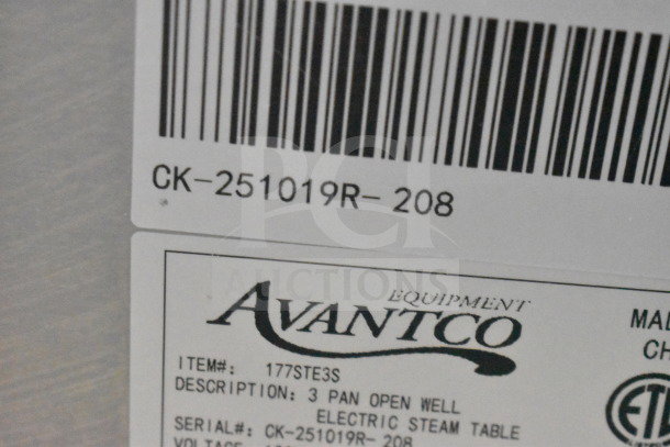Alt text: Avantco 177STE3S electric steam table label, showing model, item, serial numbers, and voltage details.
