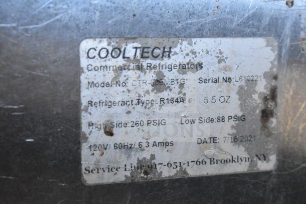 Cooltech CTR-60BMBTG prep table display case plate, shows model, serial number L610221, refrigerant R134A, dated 7/16/2021.