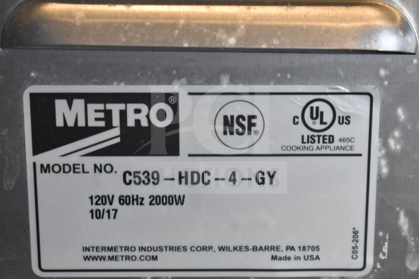 2017 Metro C539-HDC-4-GY heated holding cabinet, 115V, commercial casters, NSF certified, model and serial markings visible.
