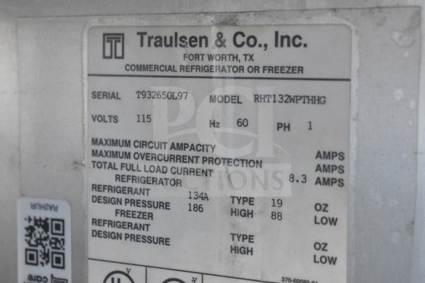 Traulsen RHT132WPTHHG commercial cooler label showing model, 115 volts, 1 phase, missing doors, needs repair.