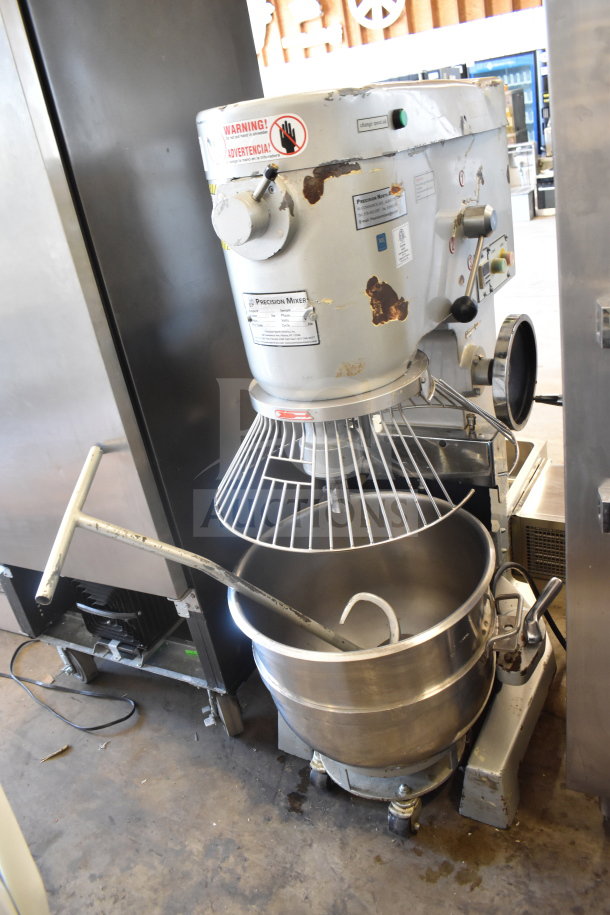 2022 Precision Mixer HD-60, 60-quart commercial dough mixer with bowl, guard, hook, and dolly. 220V, 3 Phase. Visible wear.