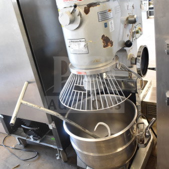 2022 Precision Mixer HD-60, 60-quart commercial dough mixer with bowl, guard, hook, and dolly. 220V, 3 Phase. Visible wear.