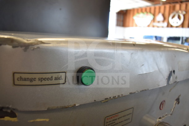 2022 Precision Mixer HD-60, 60 qt planetary dough mixer, green button labeled "change speed aid," visible wear.