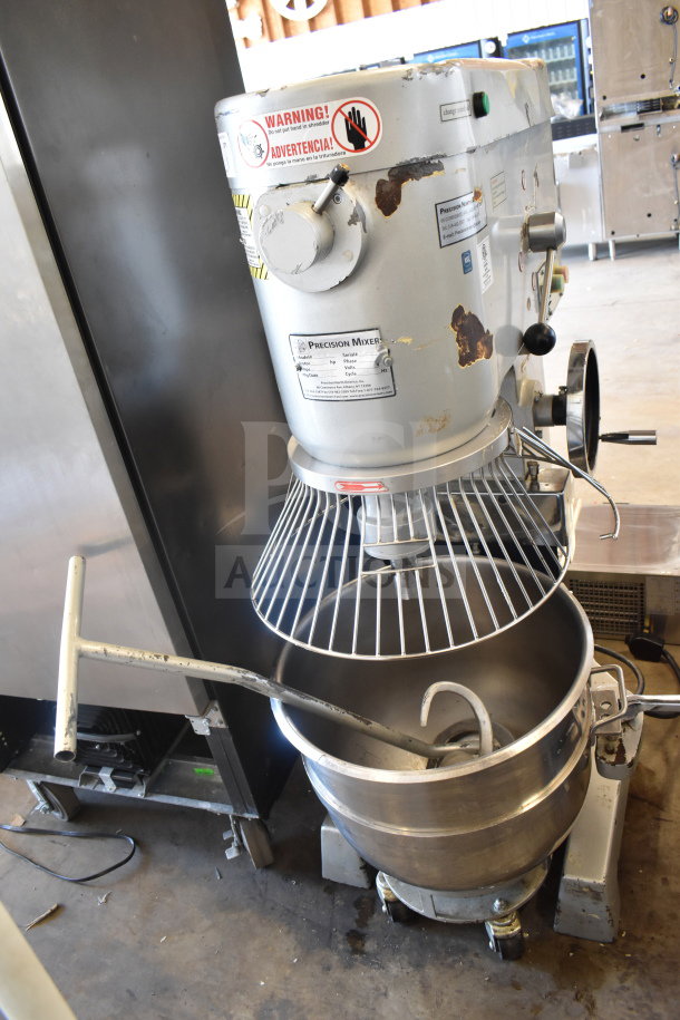 2022 Precision Mixer HD-60, 60 Quart Planetary Dough Mixer with bowl, guard, hook, dolly. 220V, 3 Phase. Worn exterior.