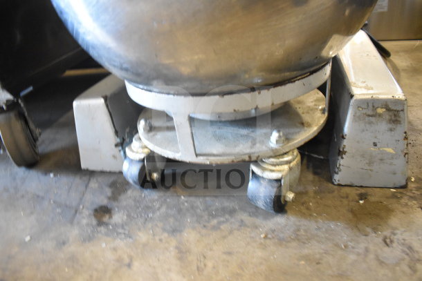 2022 Precision Mixer HD-60 commercial 60-quart planetary dough mixer base with casters, attached to a bowl dolly.