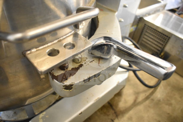 2022 Precision Mixer HD-60 with mixing bowl and dough hook, visible wear. Includes bowl guard and dolly, 220V, 3-phase.