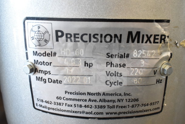 2022 Precision Mixer HD-60, 60 Quart, commercial planetary dough mixer, with bowl, guard, hook, and dolly. Model: HD-60.