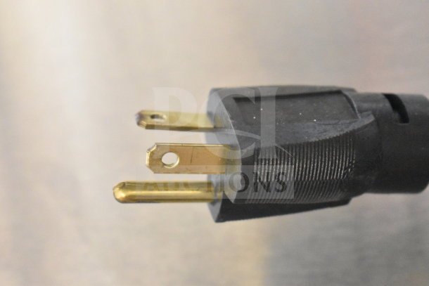 Close-up of the plug for a Prince Castle EHB24 Commercial Countertop Holding Bin, showing three-pronged connector, 208-240V.