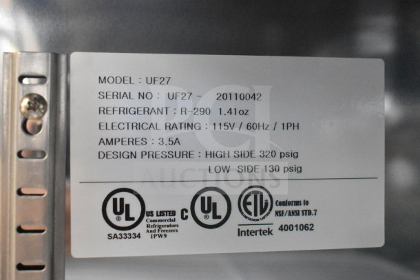 Master-Bilt UF27 commercial freezer label, detailing model UF27, refrigerant R-290, 115V, 3.5A, serial UF27-20110042.