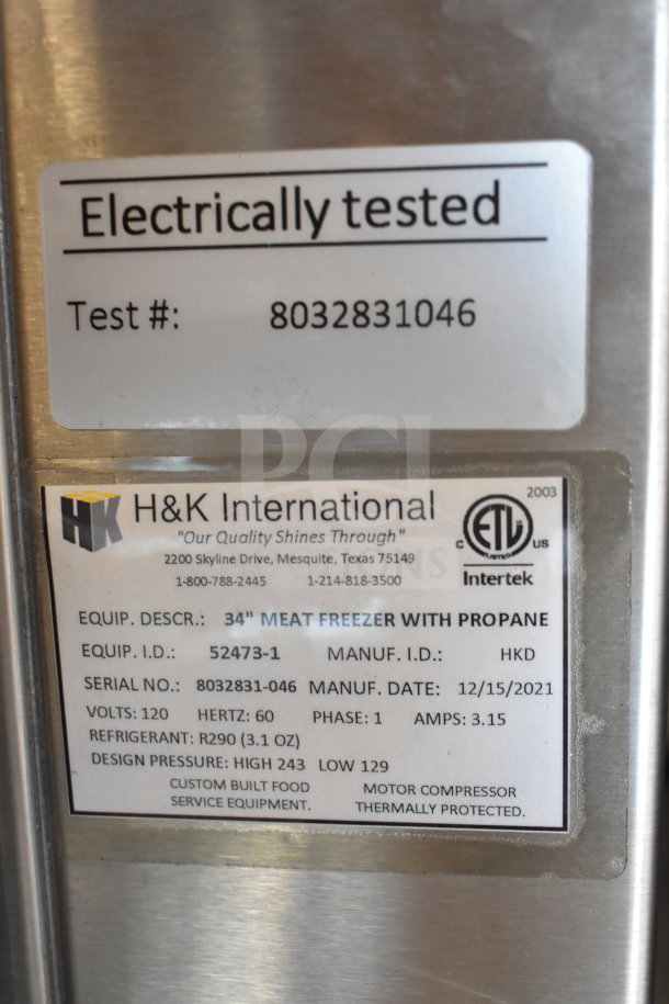 H&K 52473-1 Commercial Chest Freezer, 120V, 1 phase. Electrically tested, 34" meat freezer with propane, serial 8032831-046.