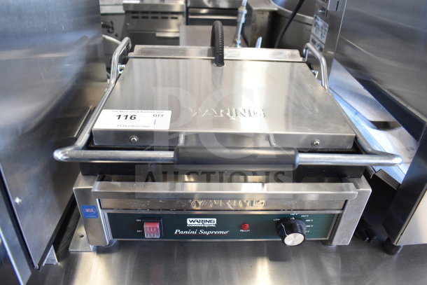 2021 Waring WPG250 Panini Press, commercial countertop model. Features 120 volts, 1 phase. Tags show model and auction details.