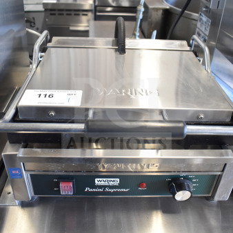 2021 Waring WPG250 Panini Press, commercial countertop model. Features 120 volts, 1 phase. Tags show model and auction details.