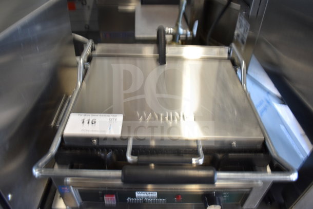 2021 Waring WPG250 commercial panini press, stainless steel. Visible brand logo, excellent condition. 120V, 1 Phase.
