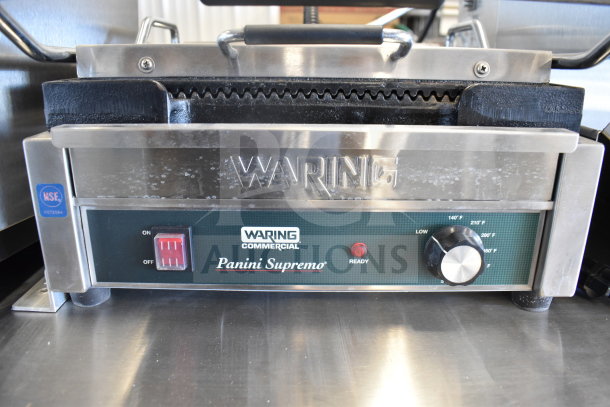 2021 Waring WPG250 Panini Press, 120 Volts, used condition. Features temperature dial, on/off switch, NSF certified.