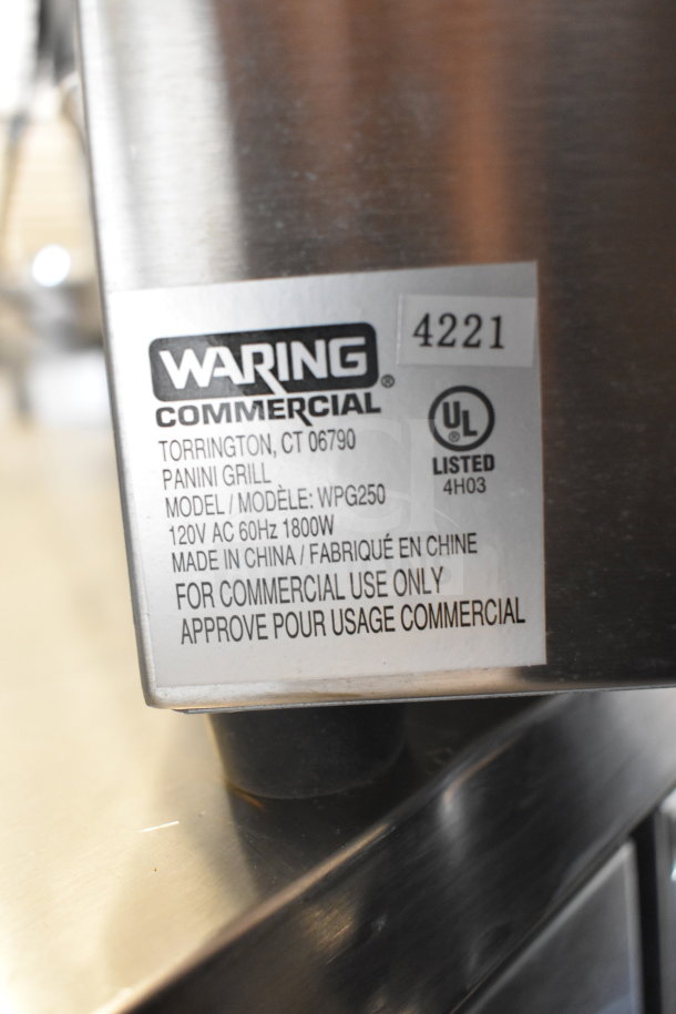 2021 Waring WPG250 Panini Press, commercial use, 120V, 1 Phase. Model WPG250. UL listed, label visible on unit.