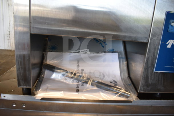 2021 AJ Antunes BKT-2V commercial toaster, stainless steel, 200-240V, 1 Phase, with manual and cord in packaging.