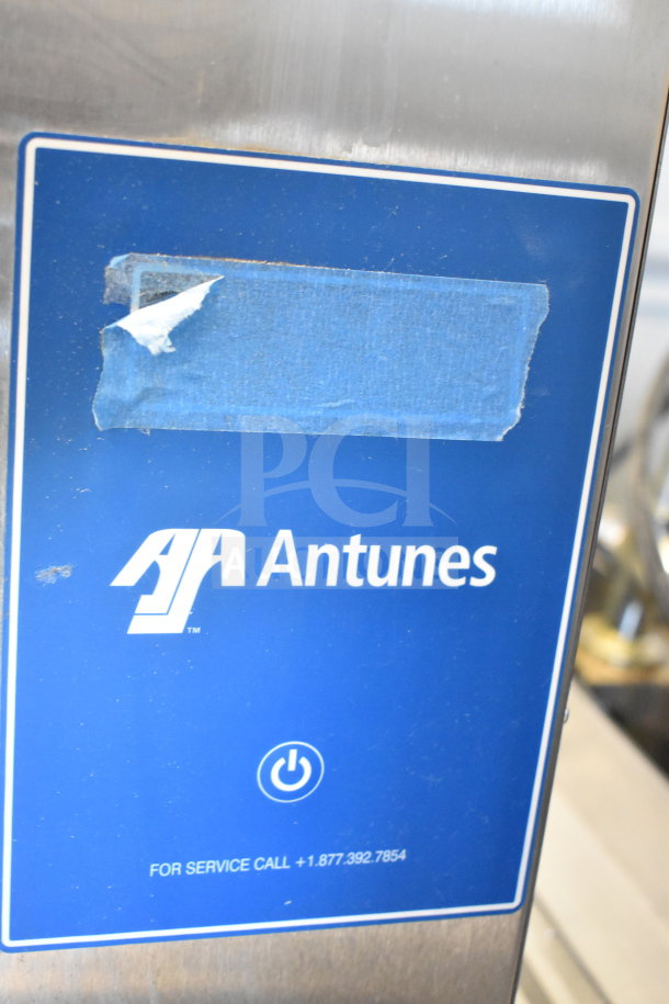 2021 AJ Antunes BKT-2V Vertical Toaster, stainless steel, 200-240V, 1 phase. Blue label with contact info and power icon.