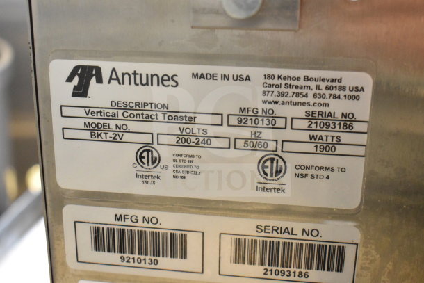 2021 AJ Antunes BKT-2V Commercial Vertical Contact Toaster, ETL certified. Model 9210130, 200-240V, 1900W, 50/60Hz.