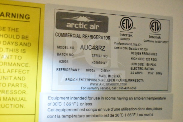 Arctic Air AUC48RZ Commercial 2-Door Undercounter Cooler, 115V, R600a refrigerant, model label with specs visible.