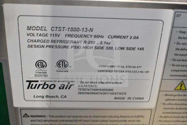 Turbo Air CTST-1800-13-N E-Line Countertop Refrigerated Prep Rail, 115V, 1 Phase, ETL certified, R-290 refrigerant.