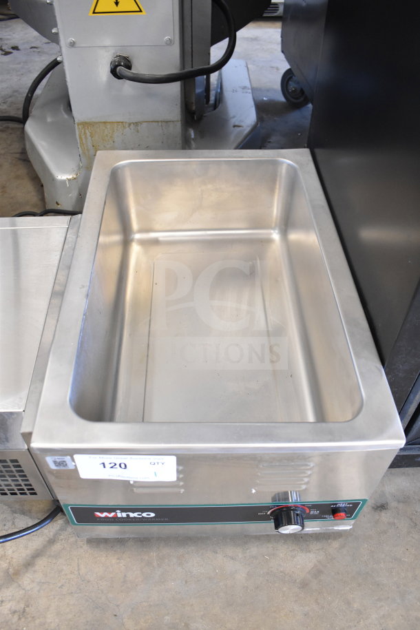 Winco FW-S600 countertop food warmer, stainless steel, 120 volts, 1 phase, excellent condition with control knob and label.